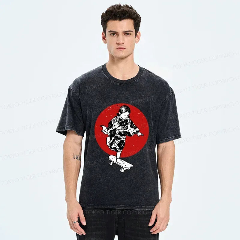 Kyoto-Lion Kid On Skateboard Washed T-Shirt