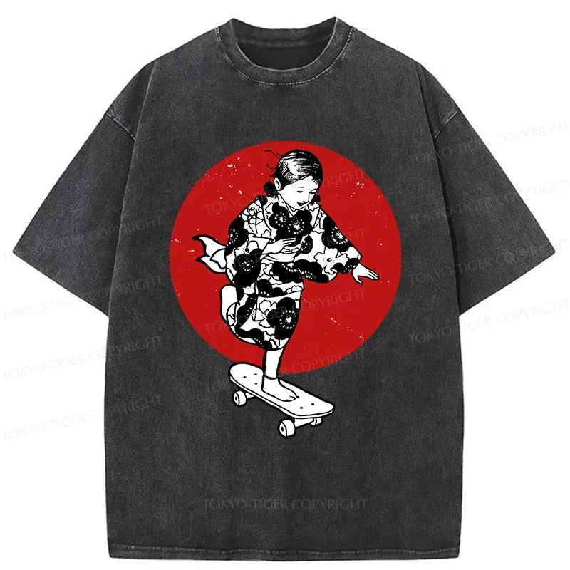Kyoto-Lion Kid On Skateboard Washed T-Shirt