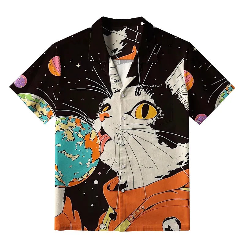 Kyoto-Lion Astronaut Cat Licks Earth Lollipop Aloha Hawaiian Shirt