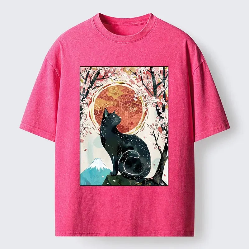Kyoto-Lion Black Cat Sakura Washed T-Shirt