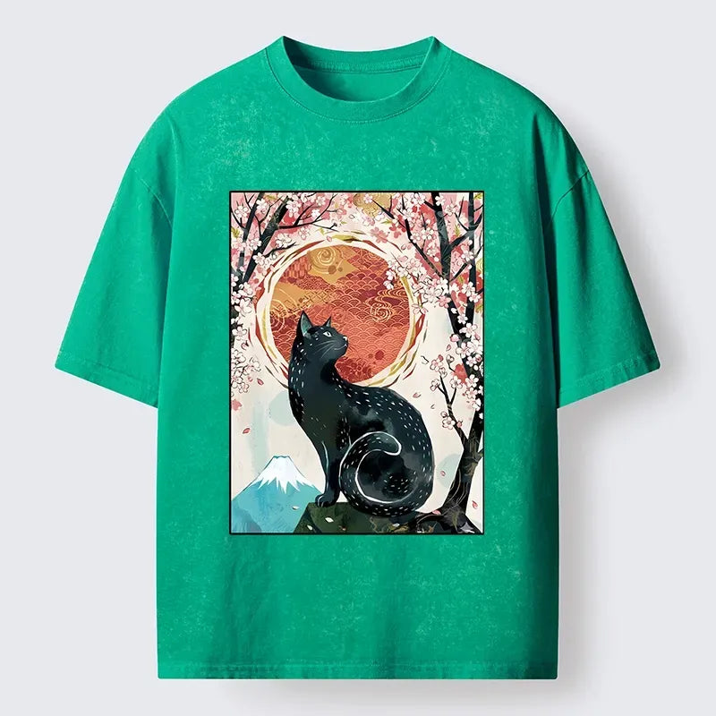 Black Cat Sakura T-Shirt Casual Streetwear Style