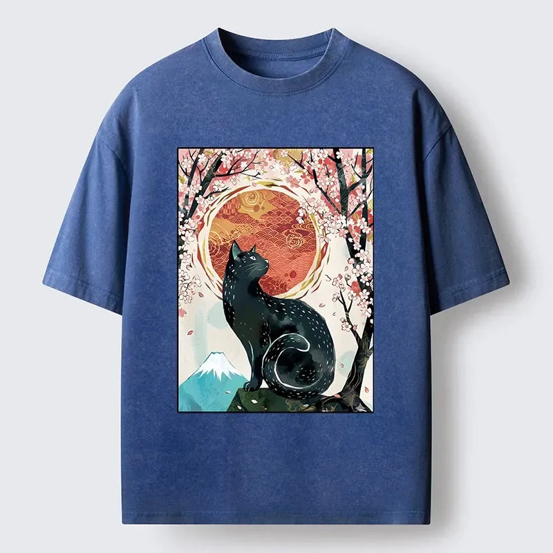 Kyoto-Lion Black Cat Sakura Washed T-Shirt