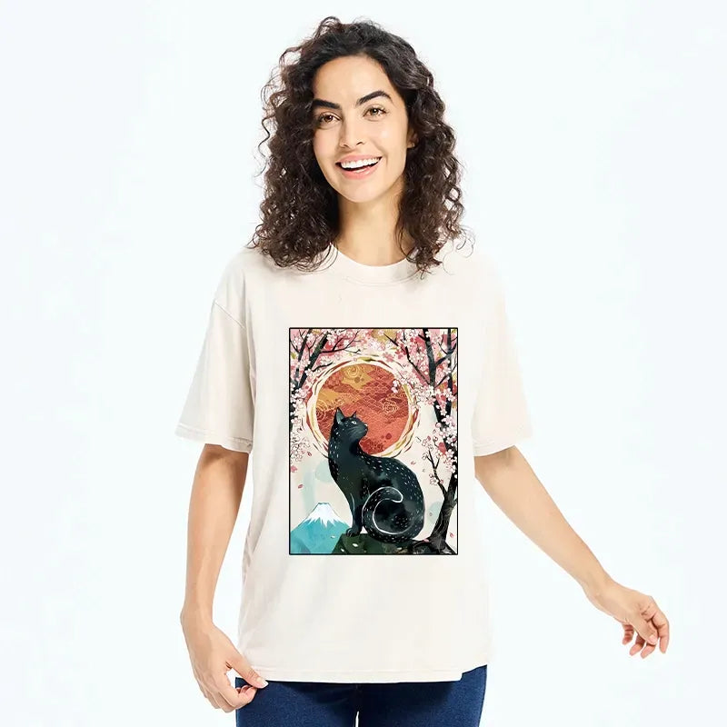 Kyoto-Lion Black Cat Sakura Washed T-Shirt