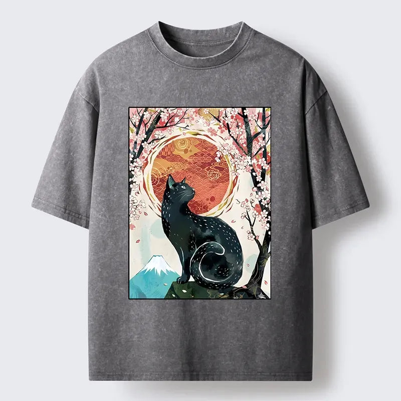 Black Cat Sakura T-Shirt Casual Streetwear Style