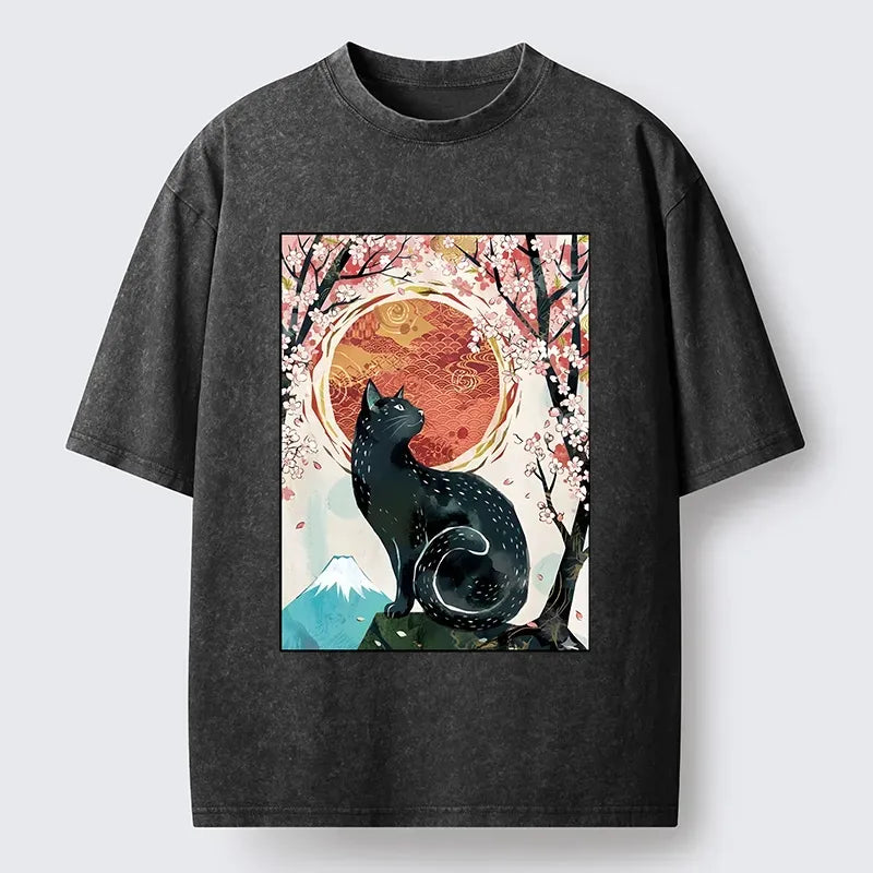 Black Cat Sakura T-Shirt Casual Streetwear Style