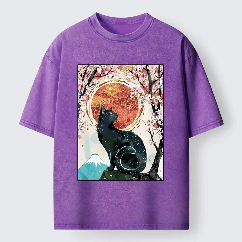 Black Cat Sakura T-Shirt Casual Streetwear Style