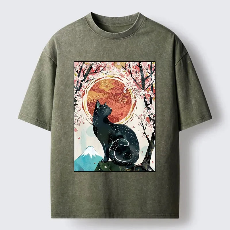 Black Cat Sakura T-Shirt Casual Streetwear Style