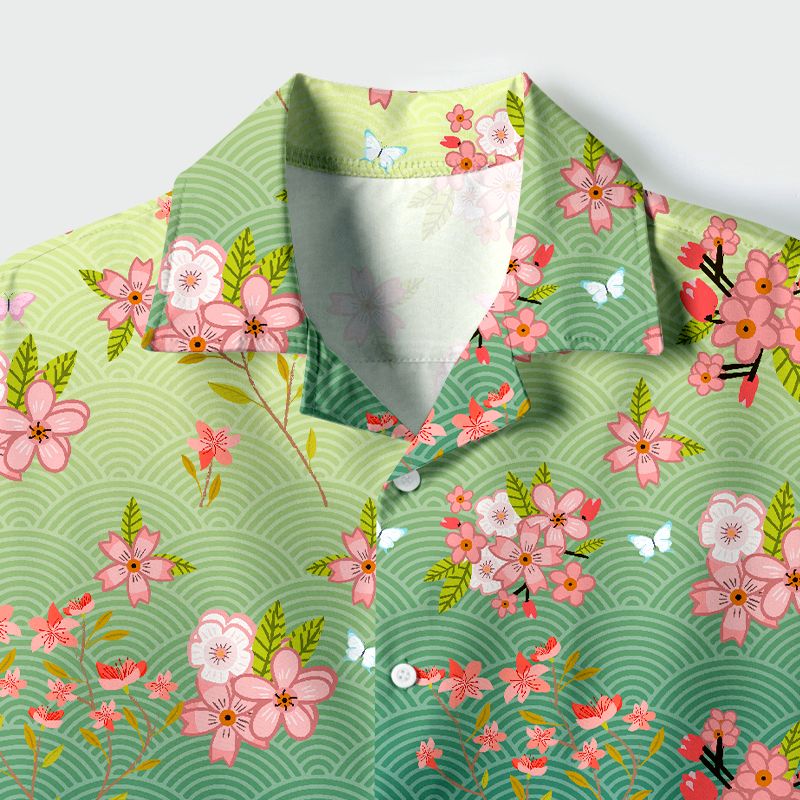 Kyoto-Lion Sakura Blossom Waves Cuban Collar Shirt