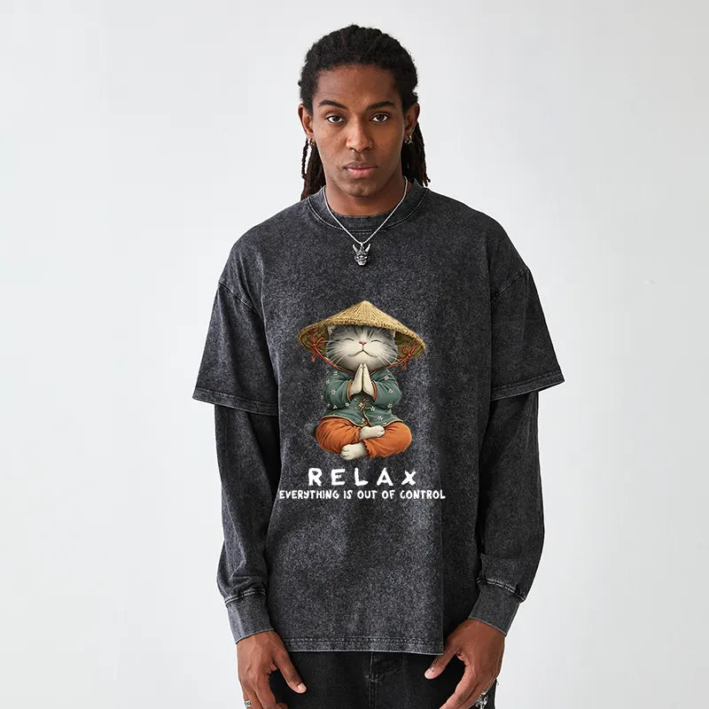 Kyoto-Lion Zen Relax Cat Graphic Washed Double Layer T-Shirt
