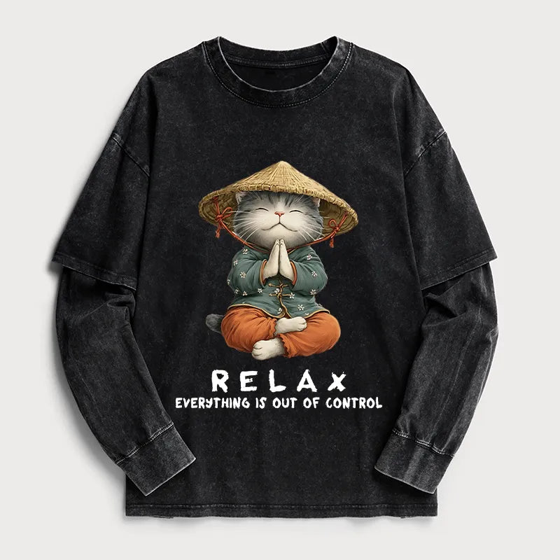 Kyoto-Lion Zen Relax Cat Graphic Washed Double Layer T-Shirt