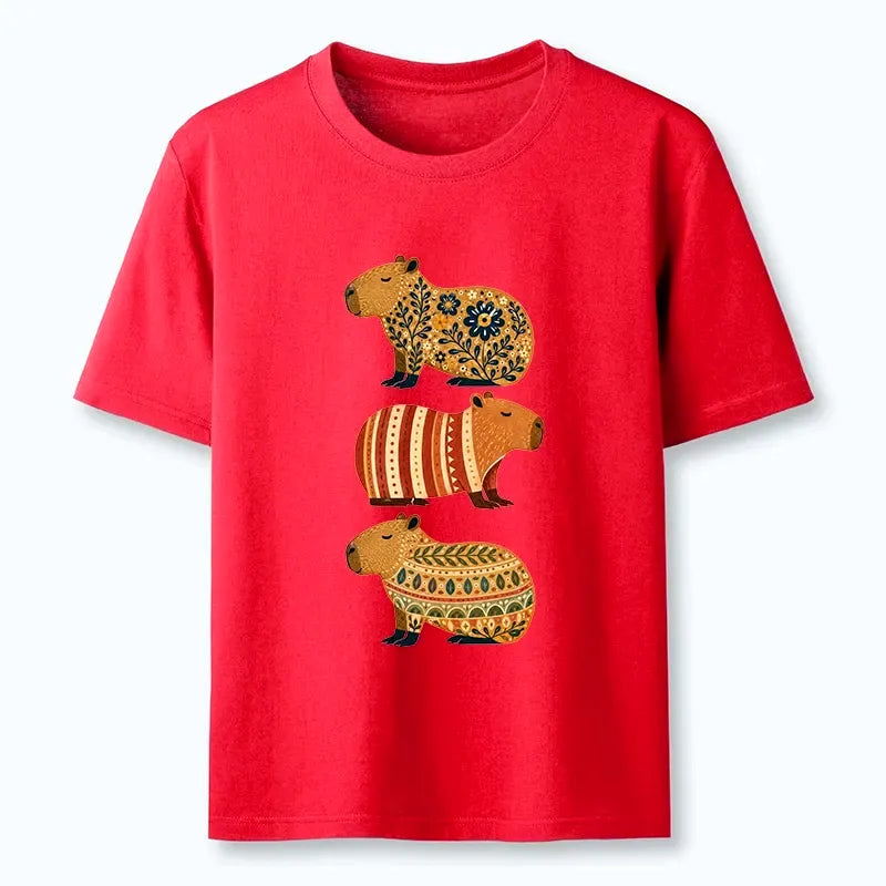 Kyoto-Lion Folk Floral Striped Capybara Trio Print Classic T-Shirt