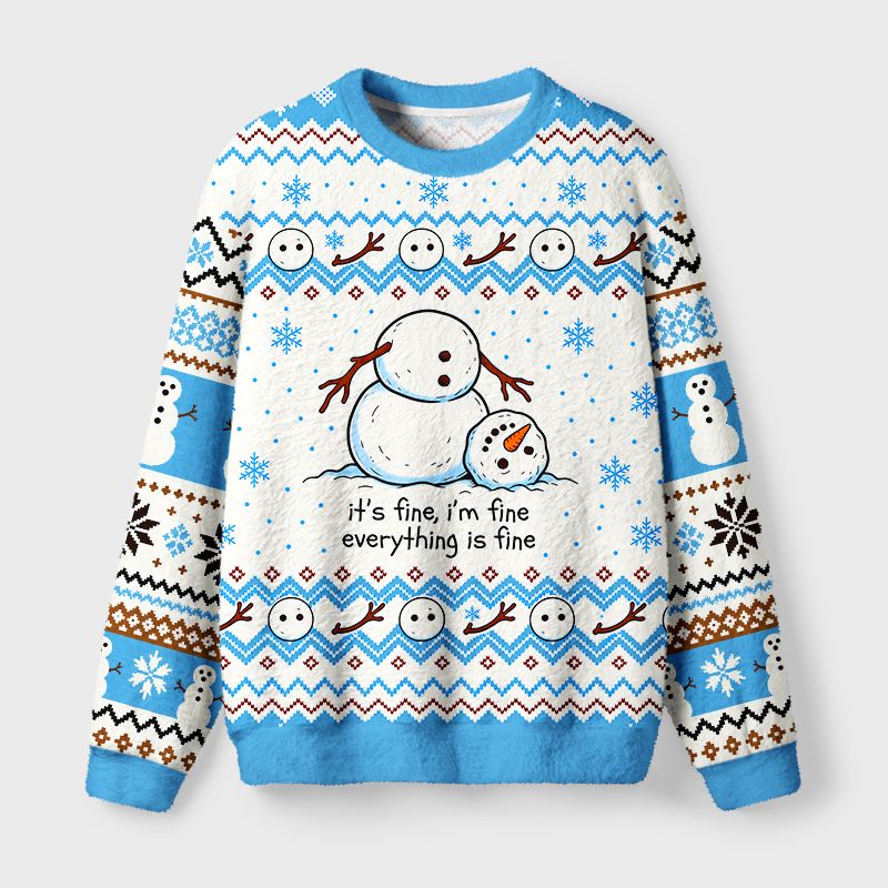 Kyoto-Lion A Snowman In A Tight Spot Fuzzy Christmas Ugly Sweatshirt