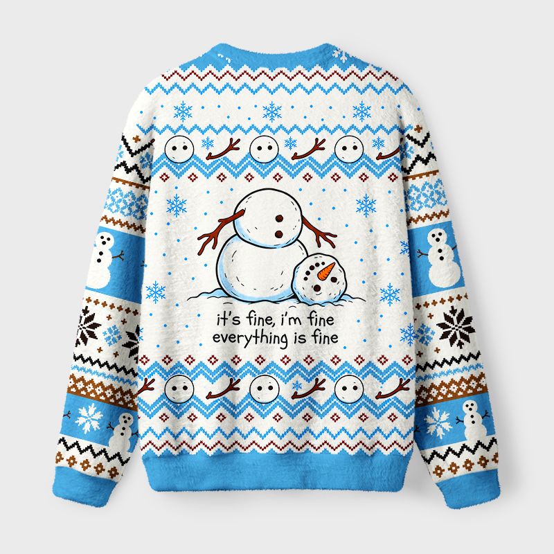 Kyoto-Lion A Snowman In A Tight Spot Fuzzy Christmas Ugly Sweatshirt