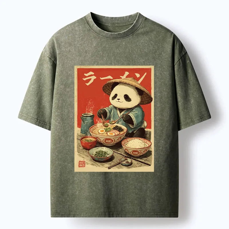 Kyoto-Lion Panda Enjoying Ramen Washed T-Shirt