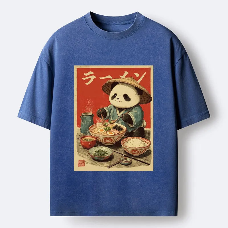 Kyoto-Lion Panda Enjoying Ramen Washed T-Shirt