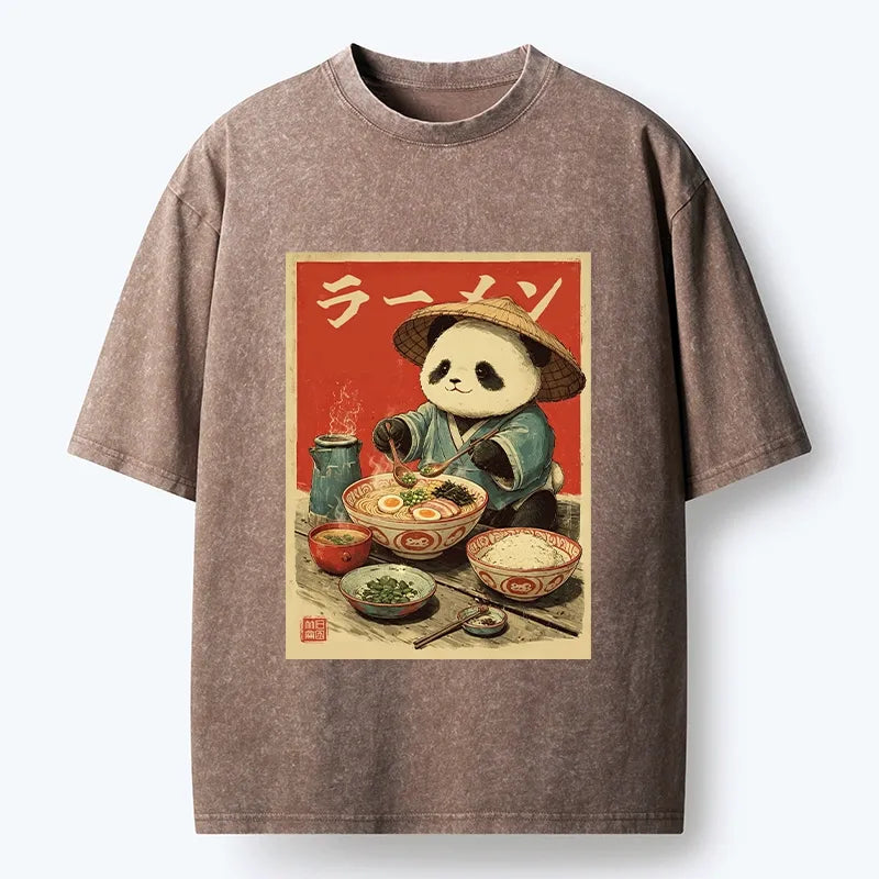 Kyoto-Lion Panda Enjoying Ramen Washed T-Shirt