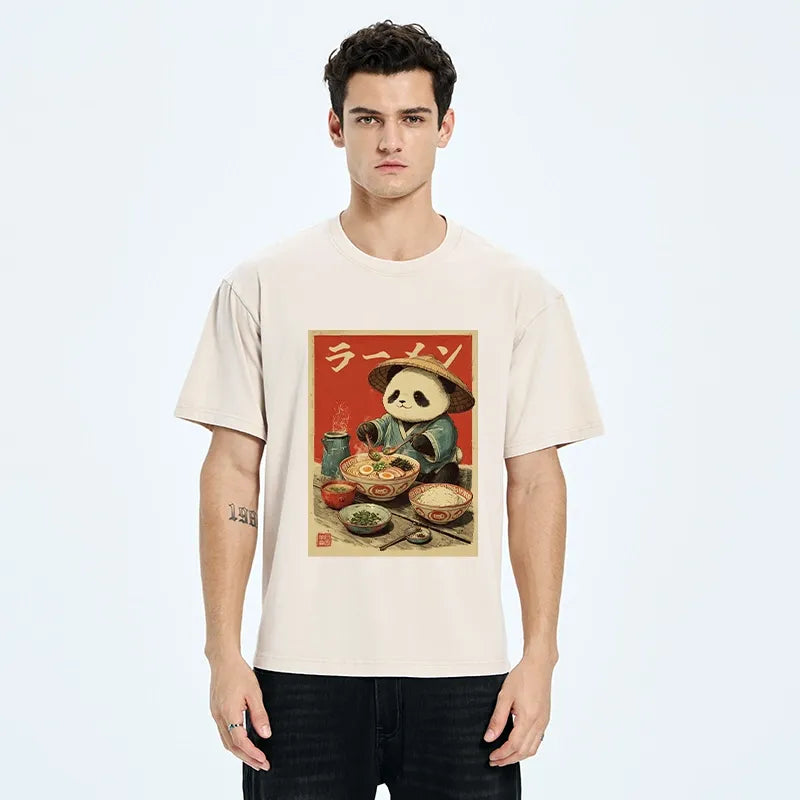 Kyoto-Lion Panda Enjoying Ramen Washed T-Shirt