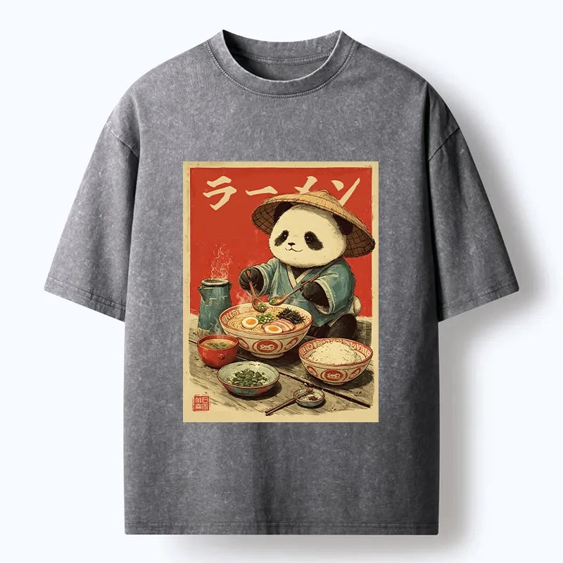 Kyoto-Lion Panda Enjoying Ramen Washed T-Shirt