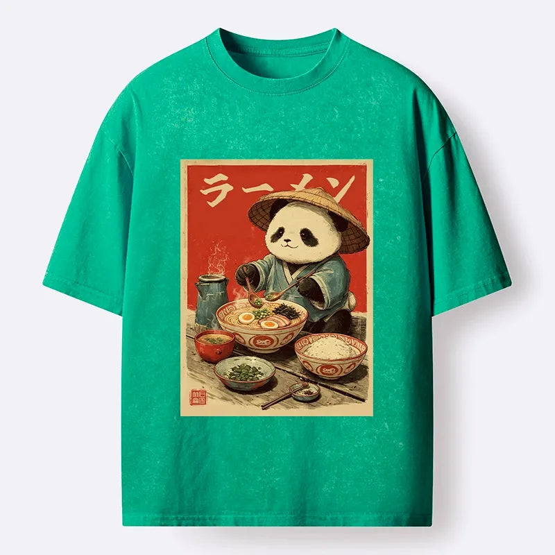 Kyoto-Lion Panda Enjoying Ramen Washed T-Shirt