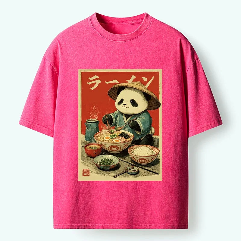 Kyoto-Lion Panda Enjoying Ramen Washed T-Shirt