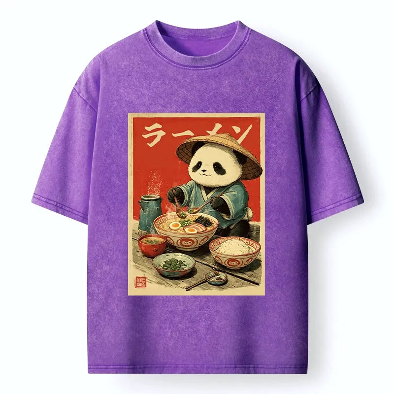 Kyoto-Lion Panda Enjoying Ramen Washed T-Shirt