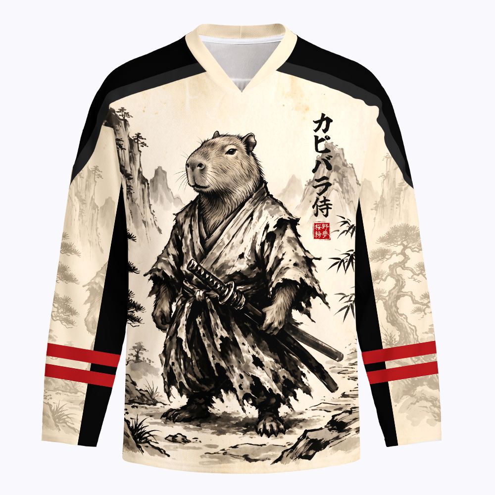 Kyoto-Lion Japanese Ink Art Capybara Samurai Long-Sleeve Hockey Jersey