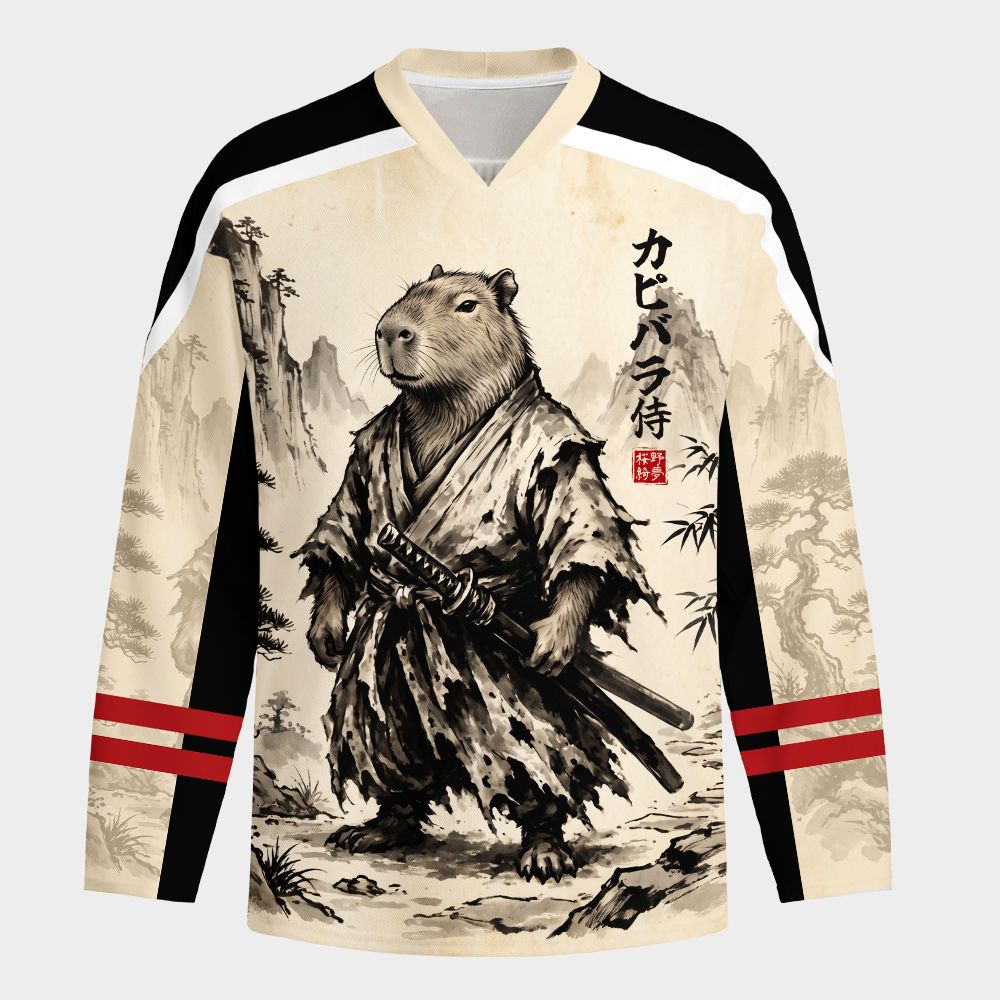 Kyoto-Lion Japanese Ink Art Capybara Samurai Long-Sleeve Hockey Jersey