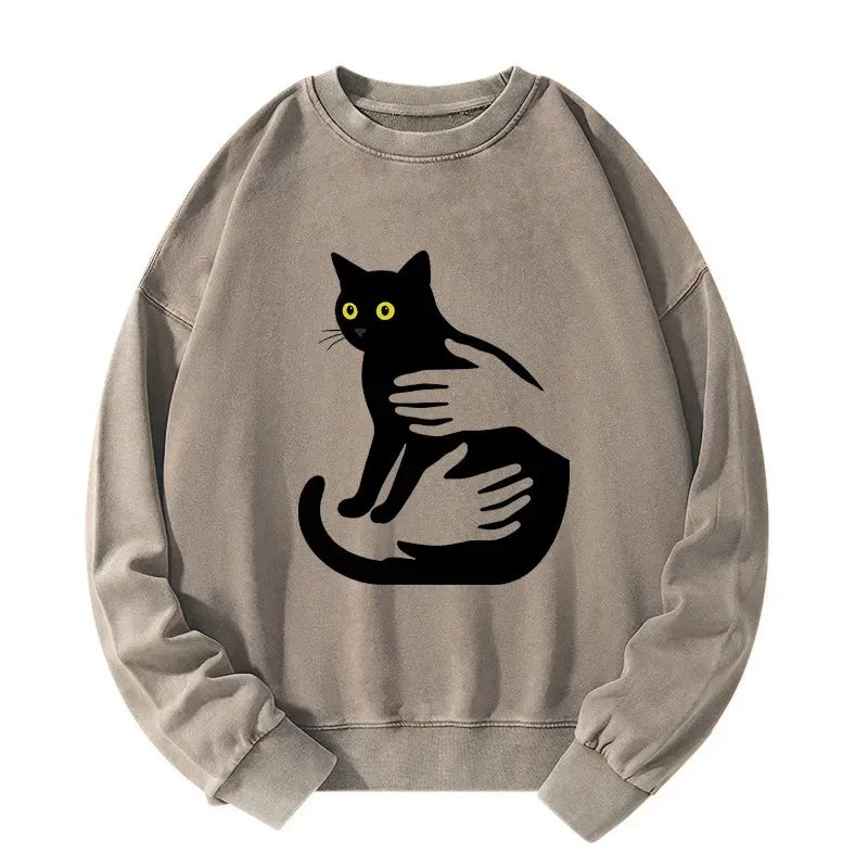 Japanese washed black cat sweatshirt free shipping