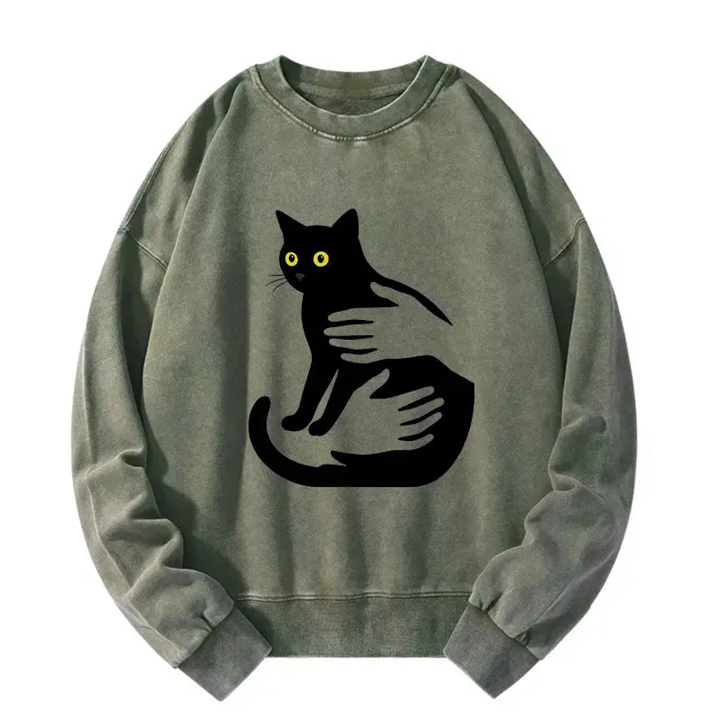 Japanese washed black cat sweatshirt free shipping
