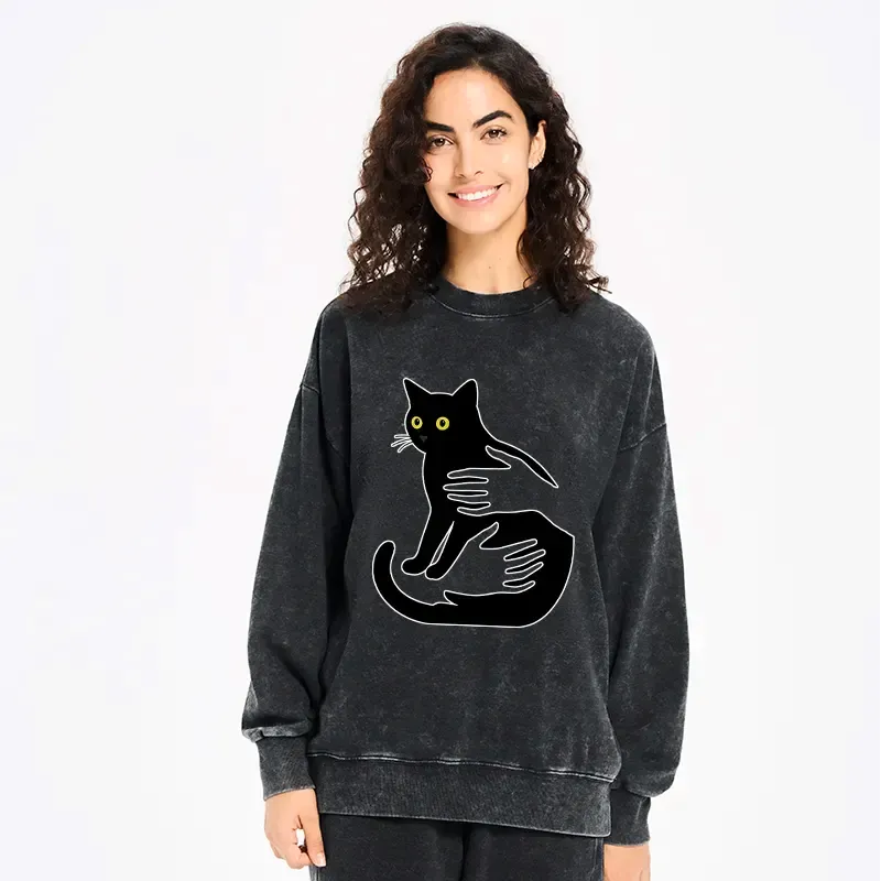Japanese washed black cat sweatshirt free shipping