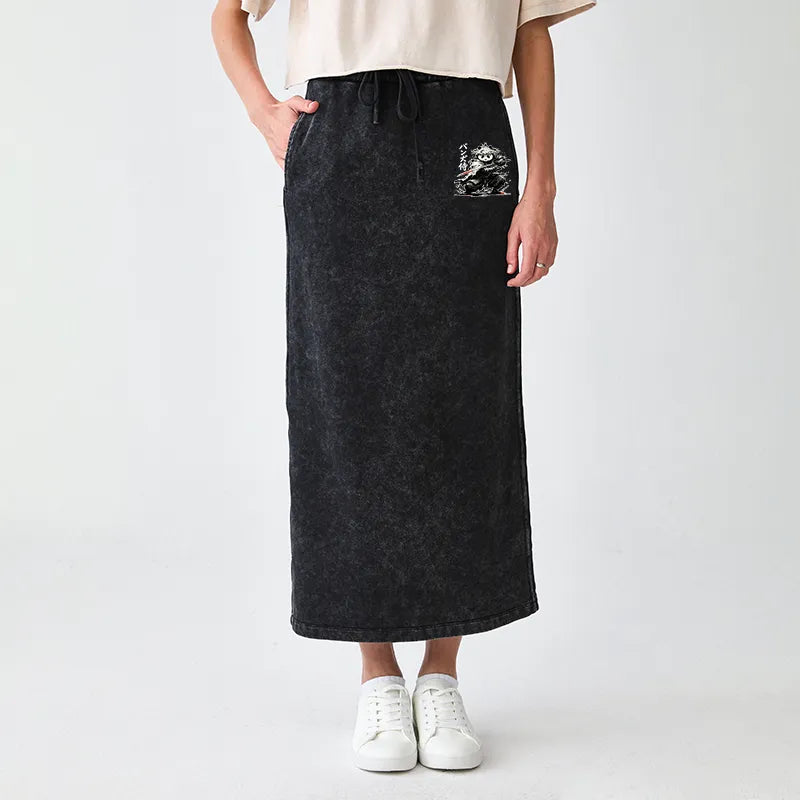 Kyoto-Lion Panda Samurai Warrior Washed Terry Skirt