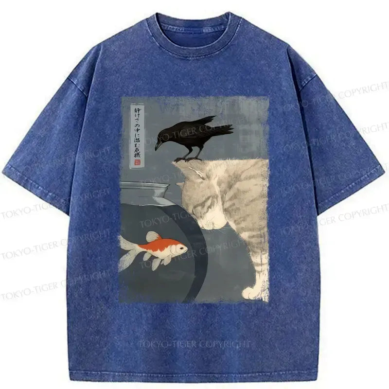 Kyoto-Lion Crow And Cat Watching Fish Washed T-Shirt