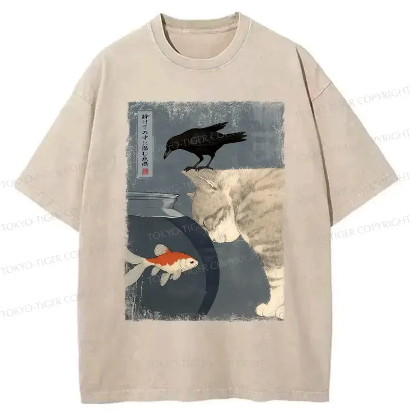 Kyoto-Lion Crow And Cat Watching Fish Washed T-Shirt