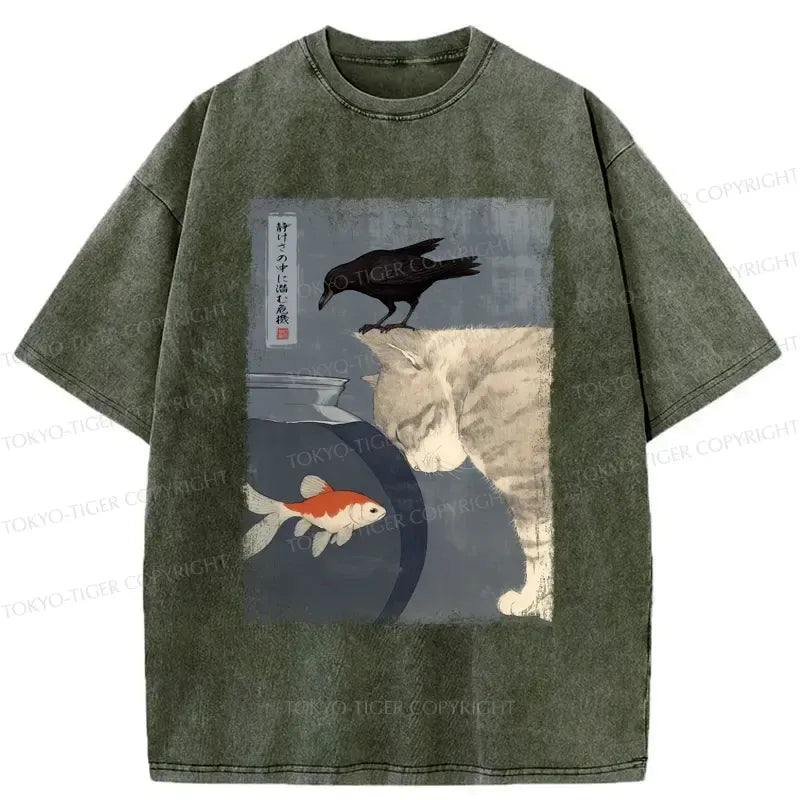 Crow and Cat Watching Fish Ukiyo-e Tee