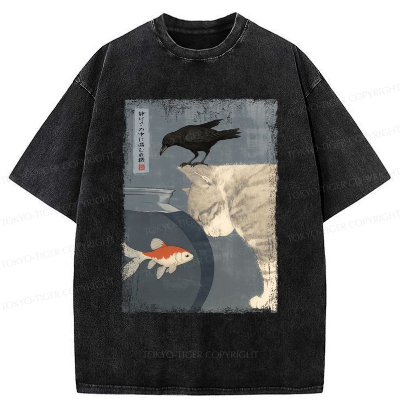 Crow and Cat Watching Fish Ukiyo-e Tee