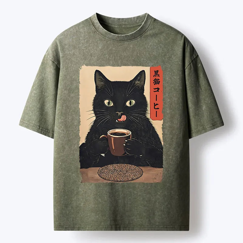 Kyoto-Lion Vintage Black Cat Coffee Art Washed T-Shirt