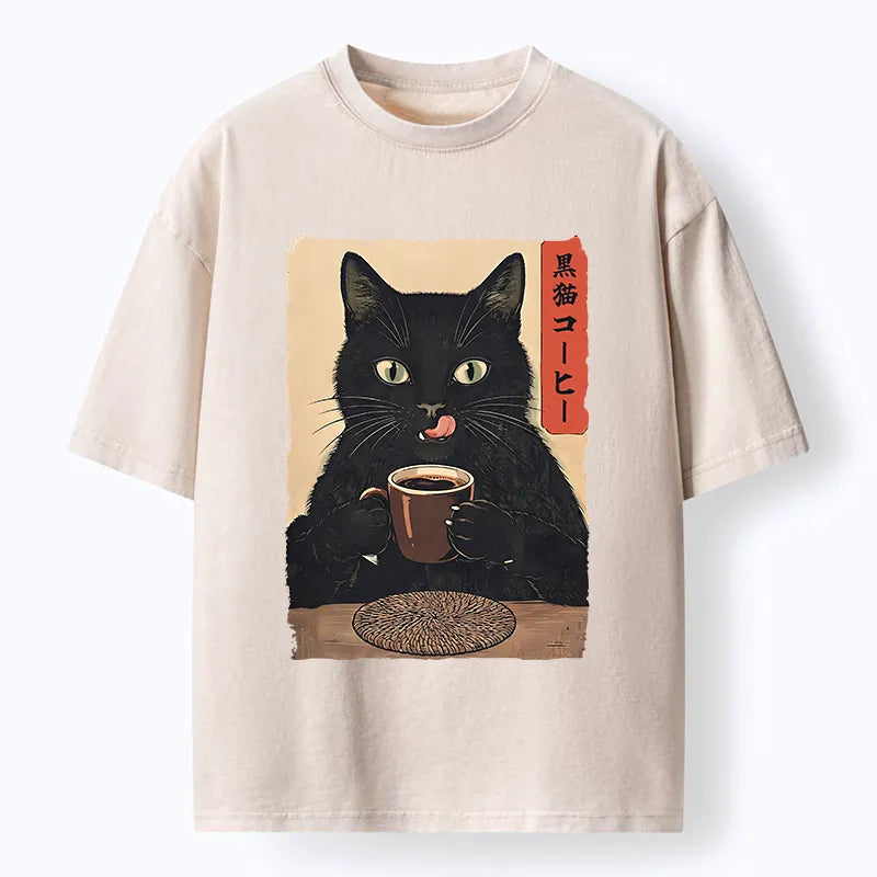 Kyoto-Lion Vintage Black Cat Coffee Art Washed T-Shirt