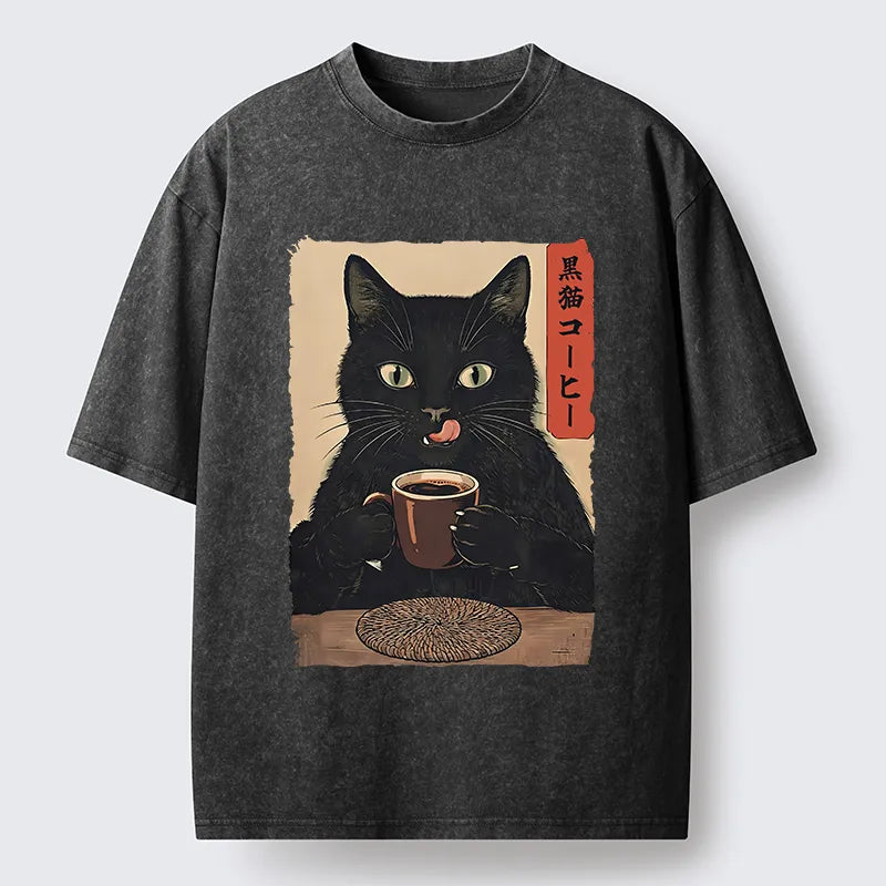 Kyoto-Lion Vintage Black Cat Coffee Art Washed T-Shirt