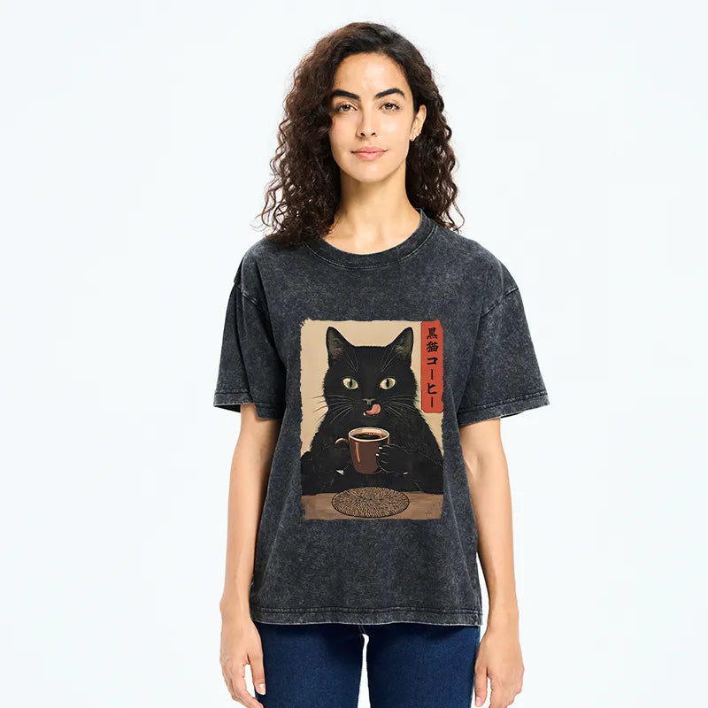 Kyoto-Lion Vintage Black Cat Coffee Art Washed T-Shirt