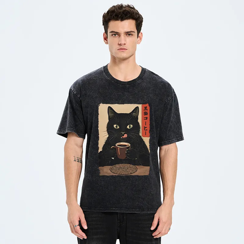 Kyoto-Lion Vintage Black Cat Coffee Art Washed T-Shirt