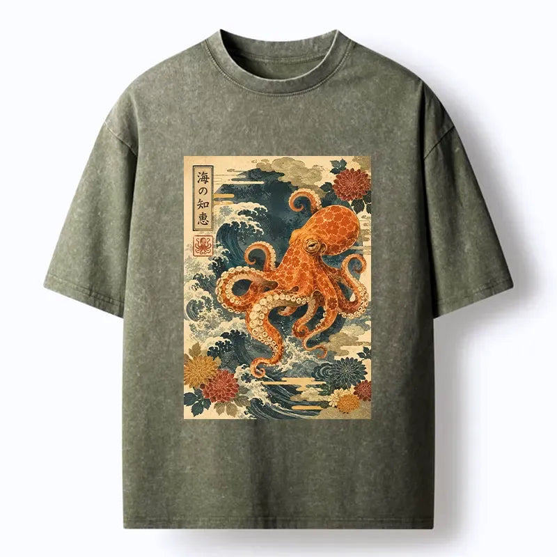 Kyoto-Lion Wise Octopus Sea Wave Ukiyo E Art Washed T-Shirt