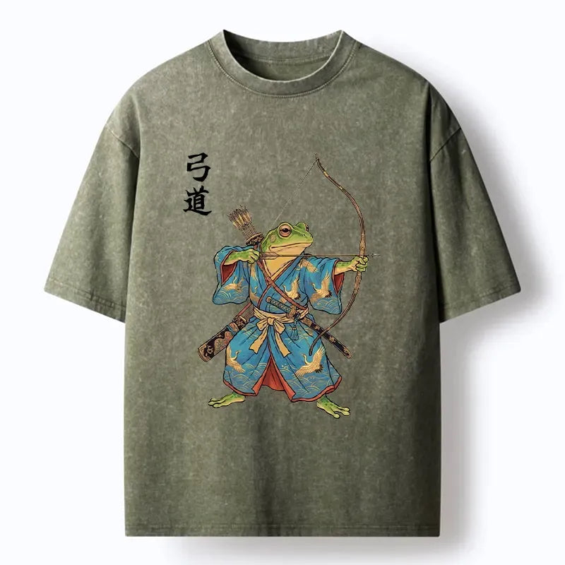 Kyoto-Lion Frog Samurai Archery Art Washed T-Shirt