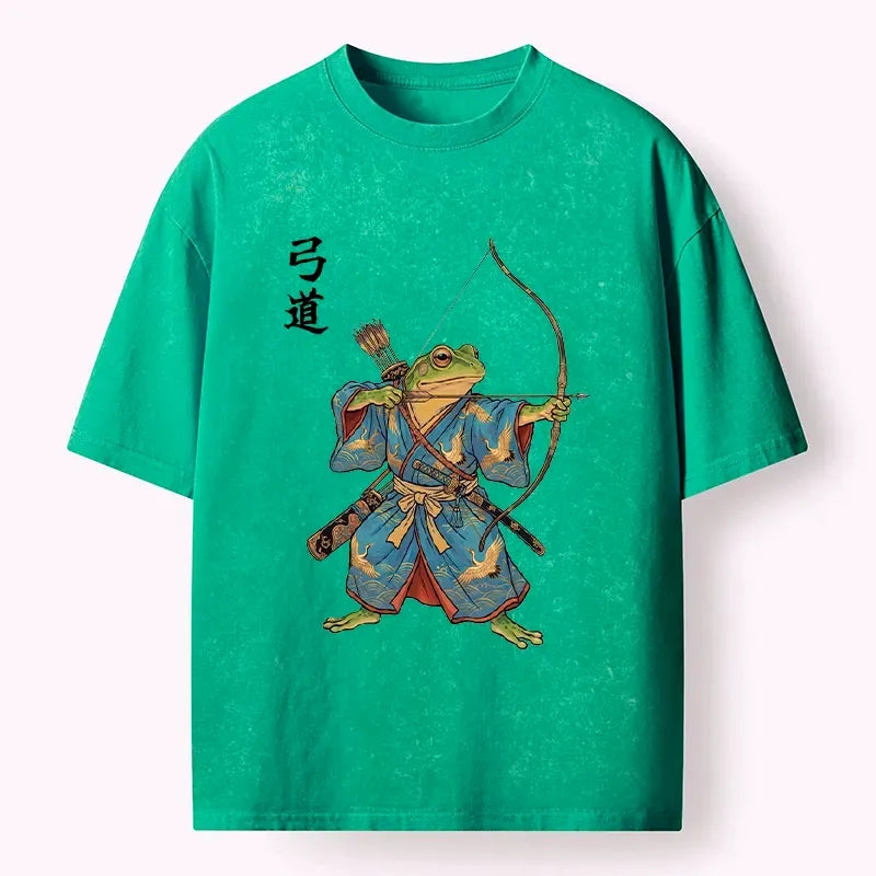 Kyoto-Lion Frog Samurai Archery Art Washed T-Shirt