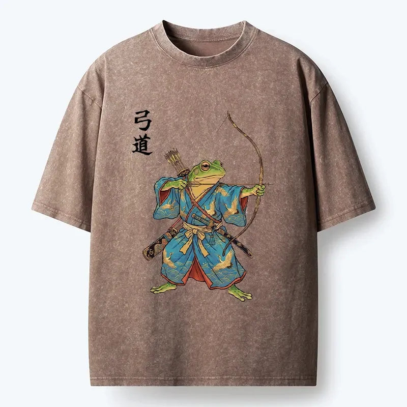 Kyoto-Lion Frog Samurai Archery Art Washed T-Shirt