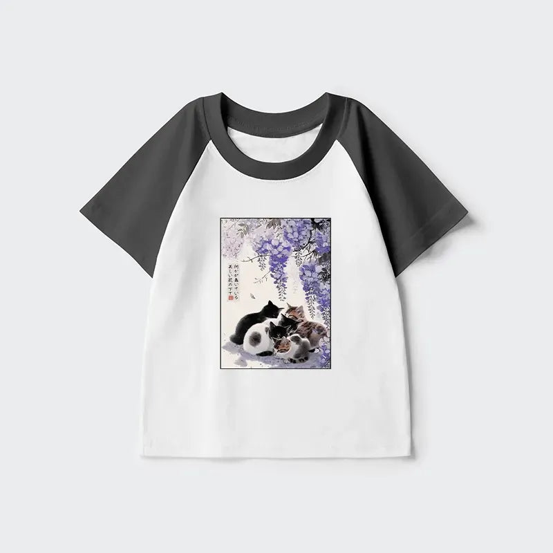 Japanese wisteria cat kids raglan t-shirt