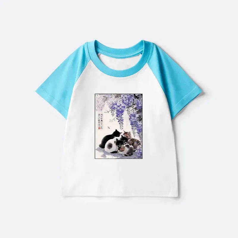 Kyoto-Lion Cats plotting under the wisteria Kids Raglan T-shirt