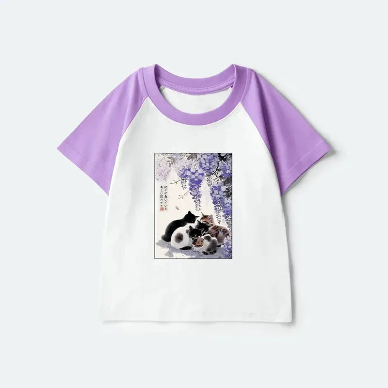 Kyoto-Lion Cats plotting under the wisteria Kids Raglan T-shirt
