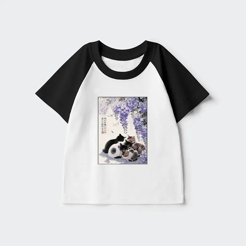 Japanese wisteria cat kids raglan t-shirt