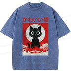 Kyoto-Lion Cute Retro Cat Washed T-Shirt