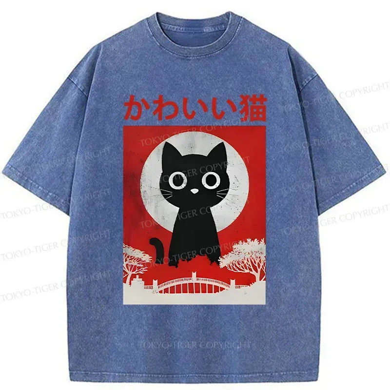 Kyoto-Lion Cute Retro Cat Washed T-Shirt